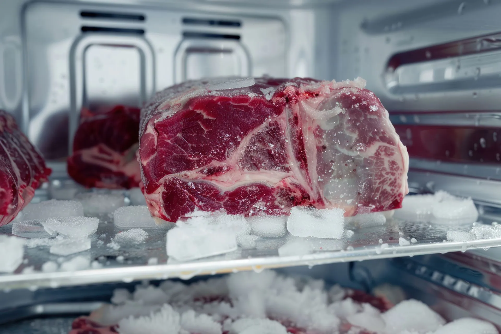 Vacuum-sealed freezer beef in the cooler