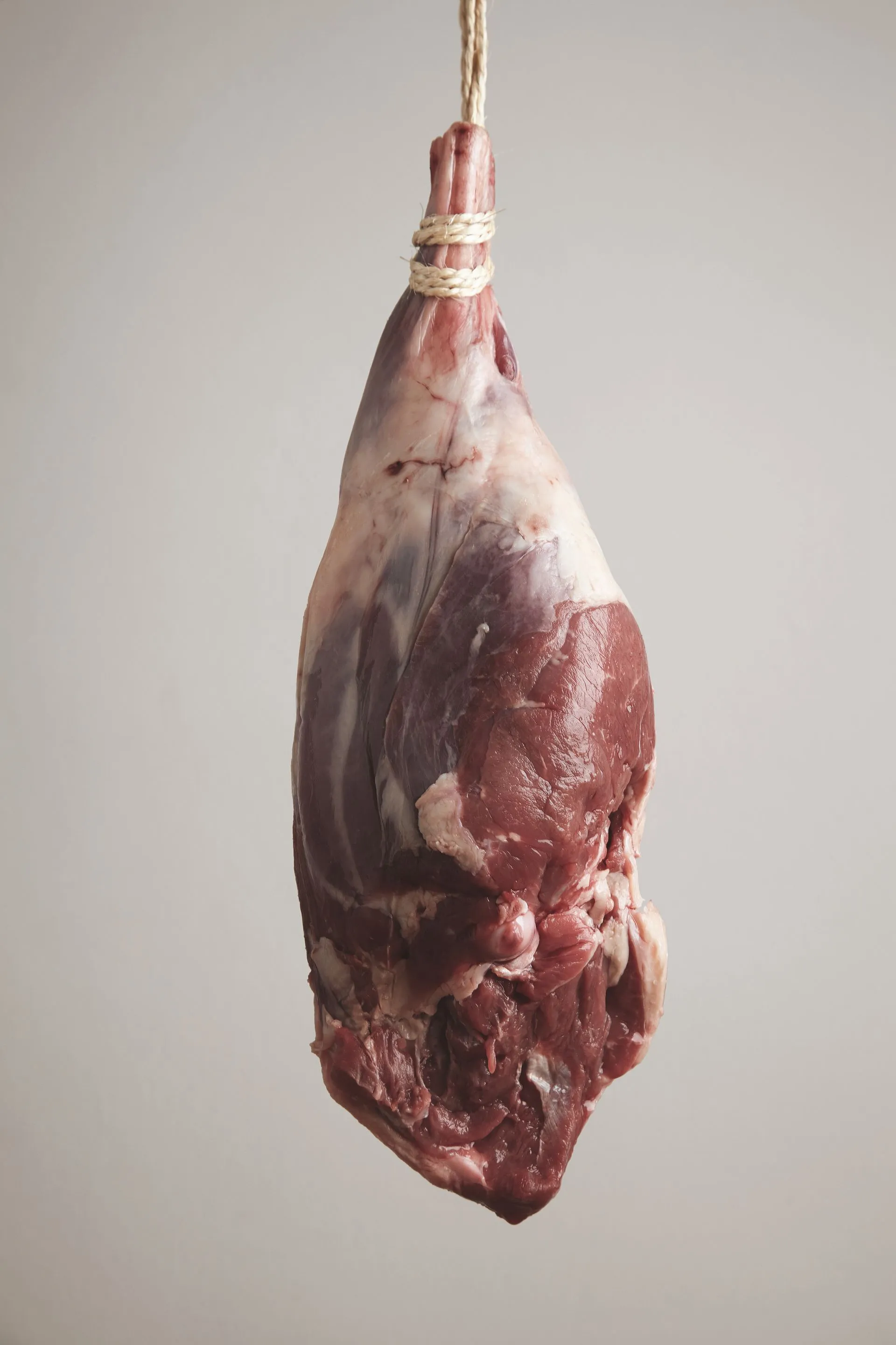 Raw Icelandic lamb leg on craft rope